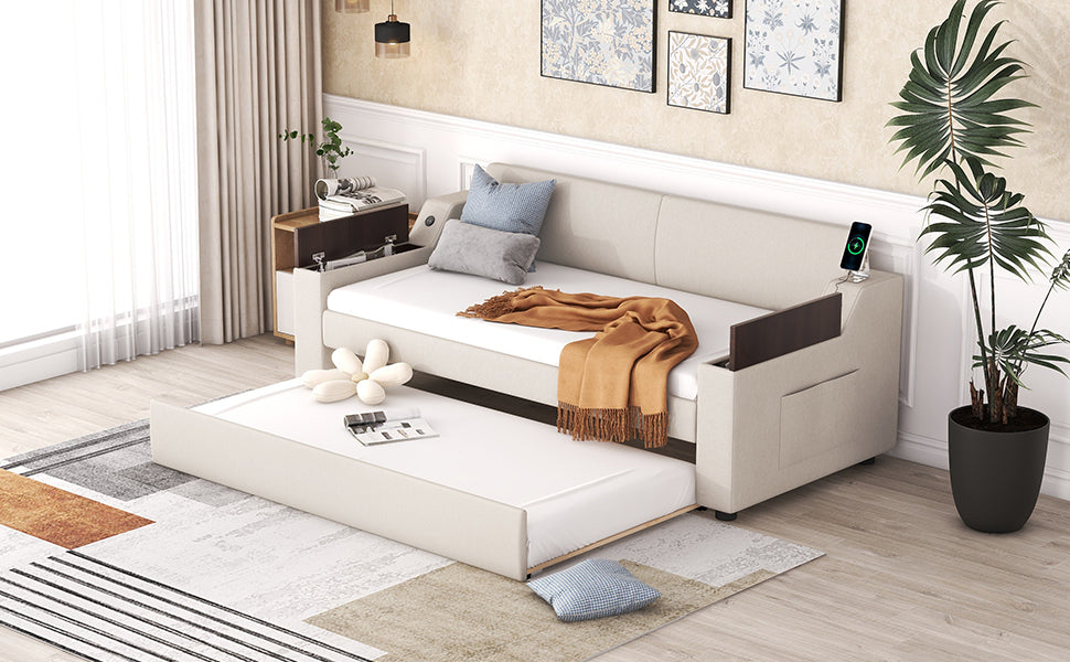 Sofá cama tapizado tamaño twin con brazos de almacenamiento, cama nido y diseño USB, acabado beige