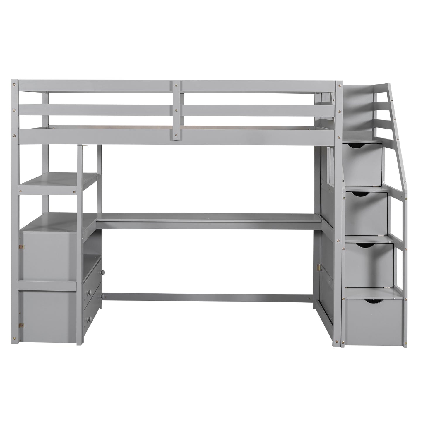 Twin Size Loft Bed with Desk and Shelves Two Built-in Drawers, Storage Staircase Gray