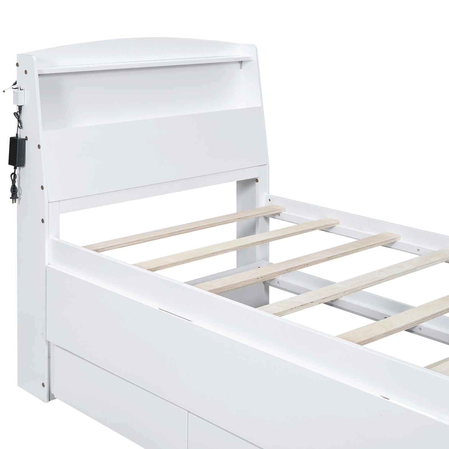 Twin Size Platform Bed with Storage LED Headboard Twin Size Trundle and 3 Drawers White