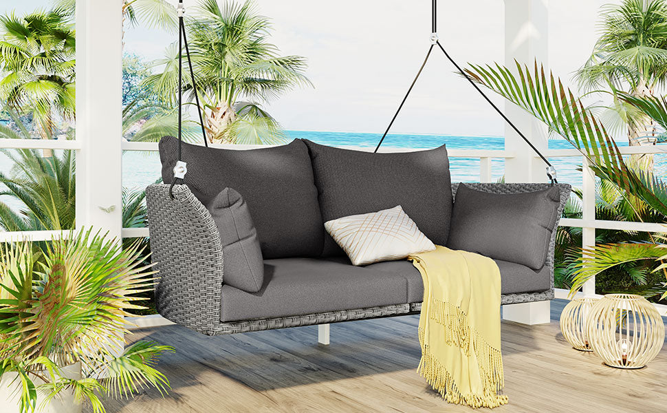 2-Person Hanging Seat, Rattan Woven Swing Chair, Porch Swing With Ropes, Gray Wicker And Cushion