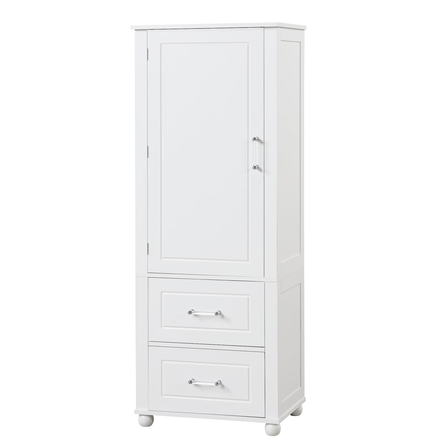 Tall Bathroom Storage Cabinet with 2 Drawers and Adjustable Shelf, White MDF Board Design