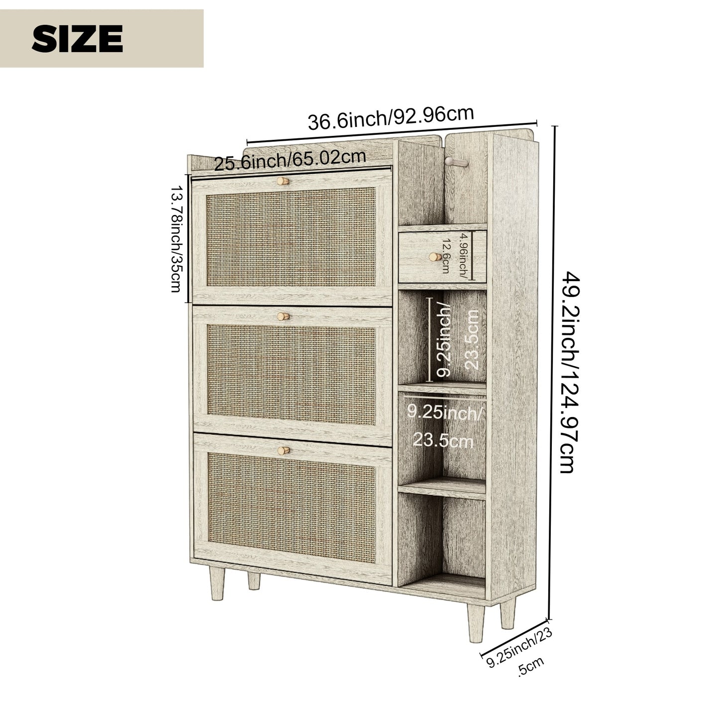 Natural Bohemian style shoe cabinet with 3 rattan flip drawers, 3 square shelves, and 1 storage drawer, white