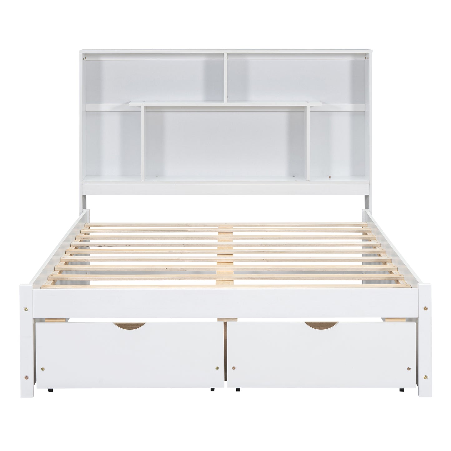 Full Size Platform Bed with Storage Headboard and 2 Drawers, White