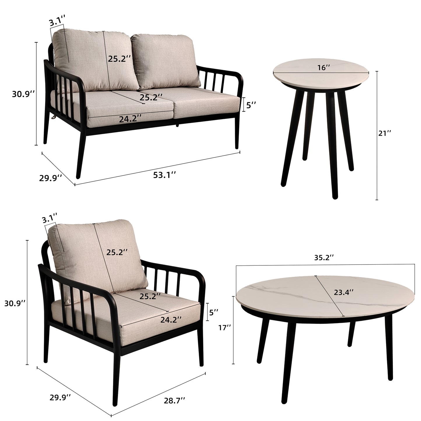 Juego de muebles de patio de aluminio para exteriores de 5 piezas, diseño moderno para espacios al aire libre