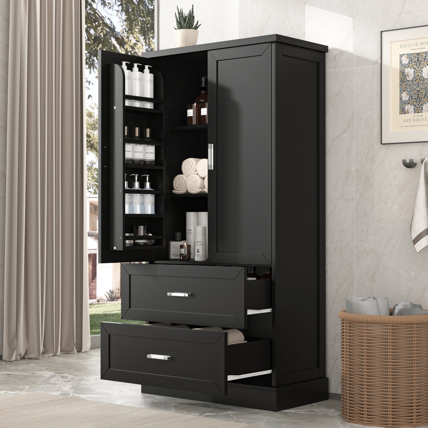 Tall Bathroom Storage Cabinet, Cabinet with Two Doors and Drawers, Adjustable Shelf, MDF Board, Black