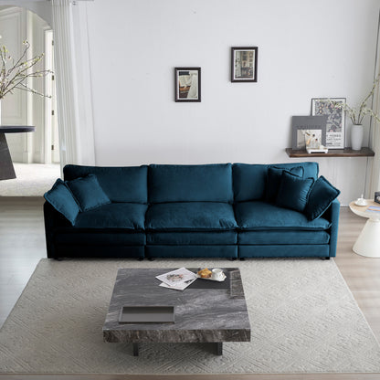 Mid-Century Modern 3-Seater Sofa with 2 Armrest Pillows and 3 Toss Pillows, Blue Chenille Fabric for Living Rooms