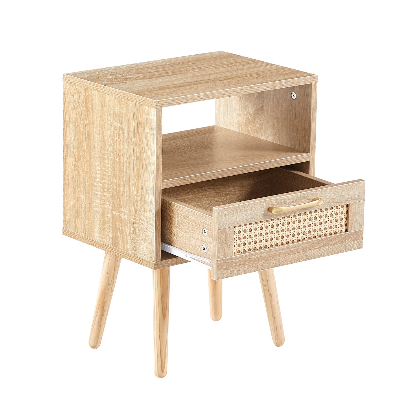 Rattan End table with drawer and solid wood legs Modern nightstand side table for living room natural