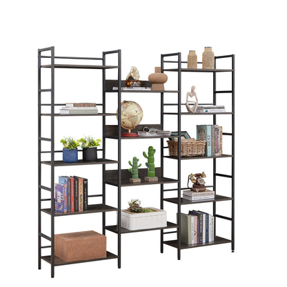 Triple Wide 5-shelf Bookshelves Industrial Retro Wooden Style Home and Office Large Open Bookshelves Dark Grey