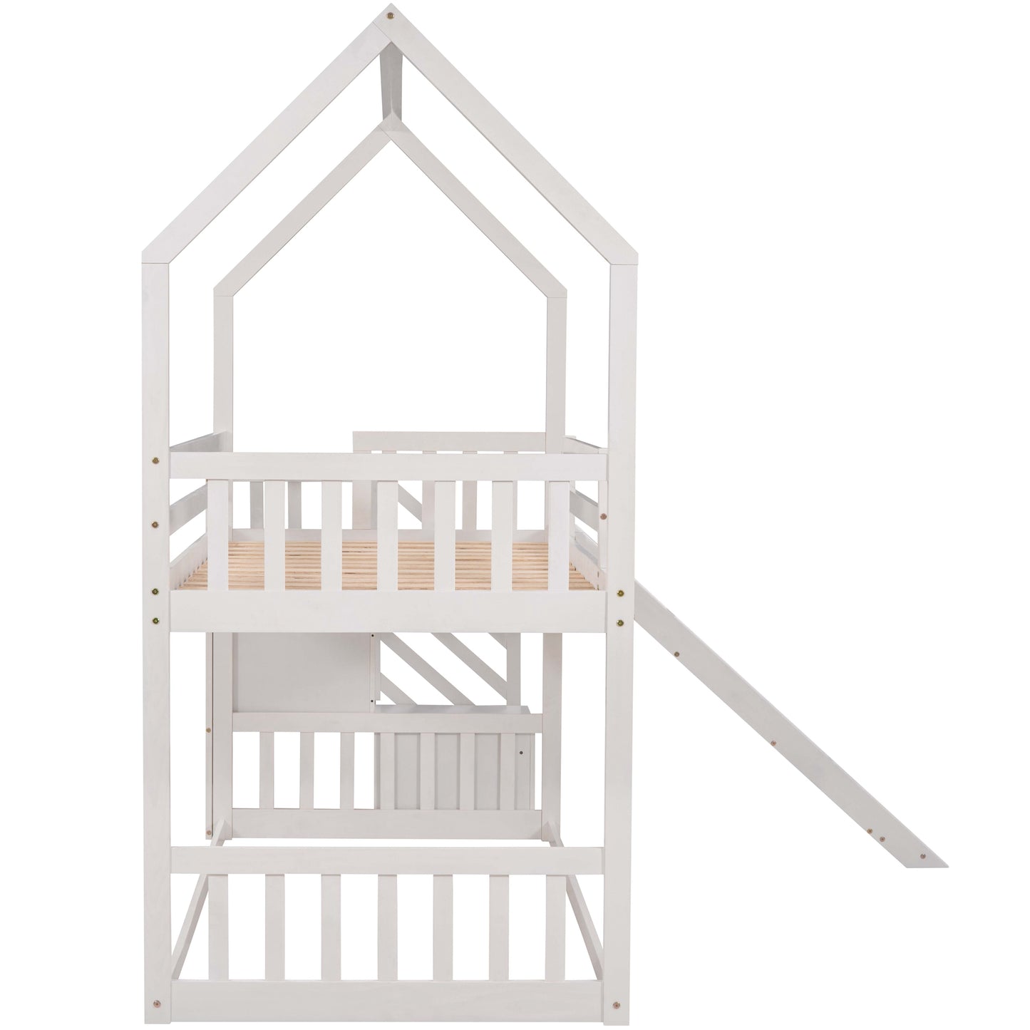 Twin over Twin House Bunk Bed with Convertible Slide,Storage Staircase,White