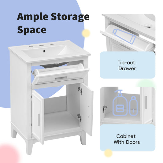 Mueble de baño de 24" con lavabo, gabinete de madera maciza y MDF con un cajón abatible y puertas, color blanco