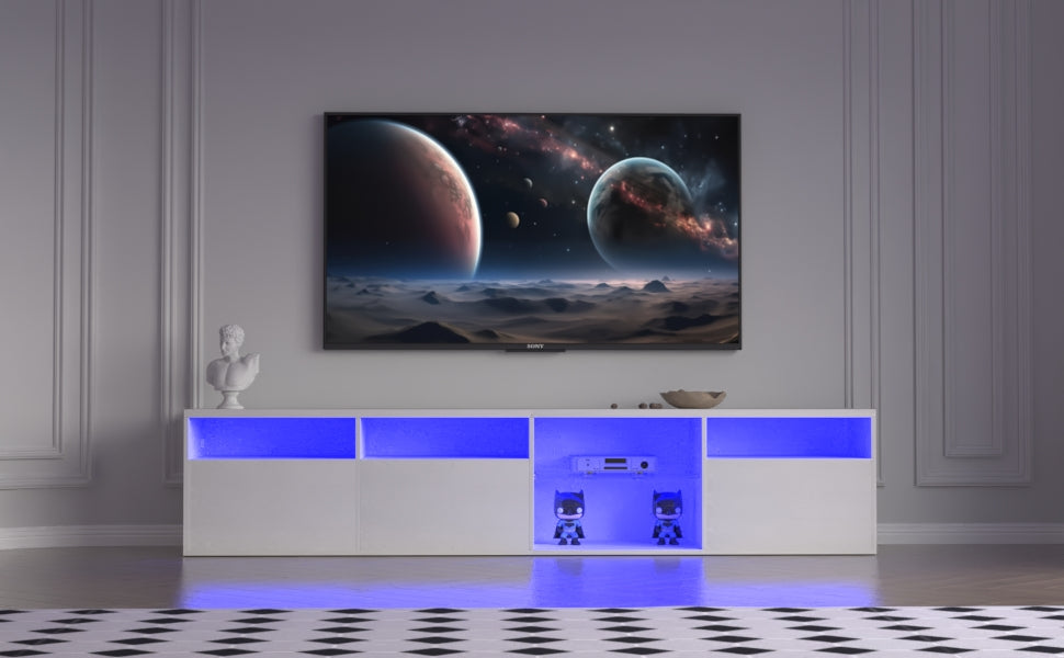 Consola de TV con gabinete de almacenamiento, soporte para TV LED de 82,6 pulgadas con 31 luces que cambian de modo, color blanco