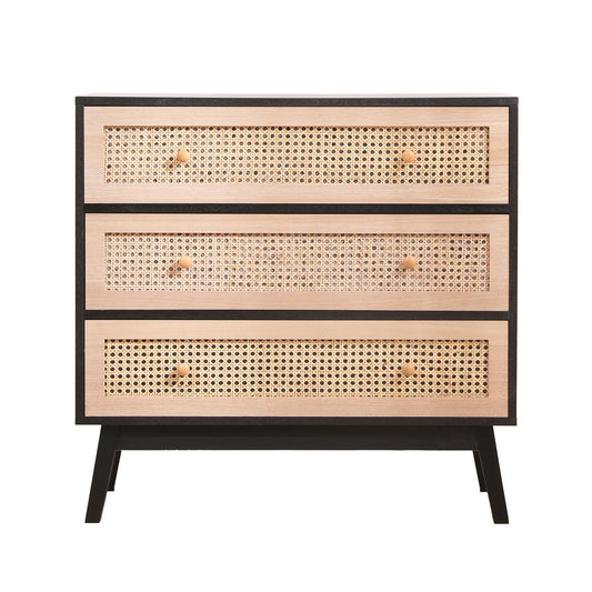 3-Drawers Rattan Storage Cabinet Rattan Drawer,for Bedroom,Living Room,Natural drawer and black panel