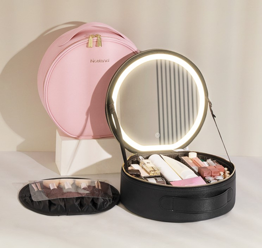 Makeup Bag with round Mirror Rechargeable Cosmetic Case woman Makeup Train Case Cosmetic Organizer with Mirror and Light