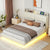 Large floating bed frame with storage headboard, touch sensor, night light and USB charger, padded platform bed, beige color