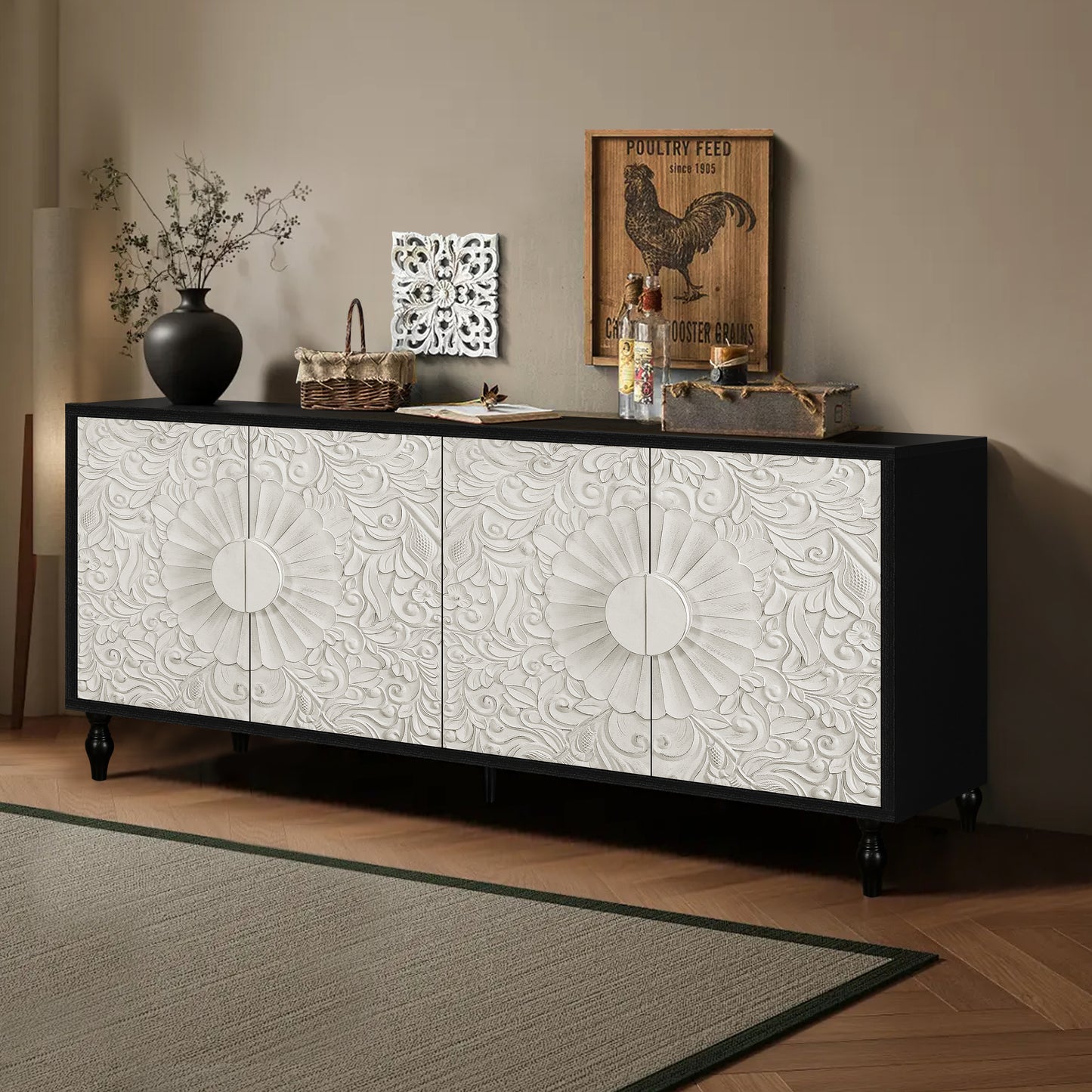 Vintage White Large Faceted Carved Sideboard with Black Frames, Perfect for TV Stands and Accent Cabinets