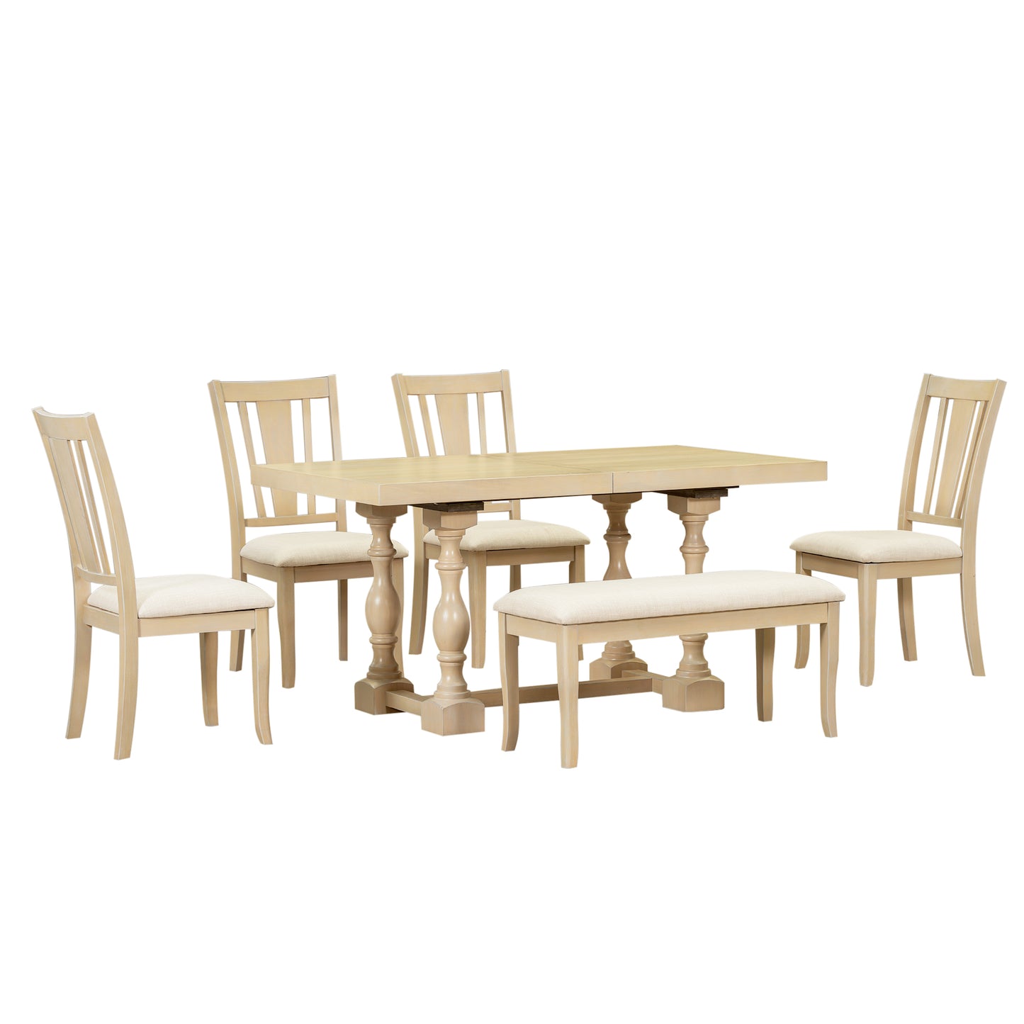 Juego de mesa de comedor extensible tradicional de 6 piezas con caballete, hojas extraíbles, sillas acolchadas y banco, acabado natural