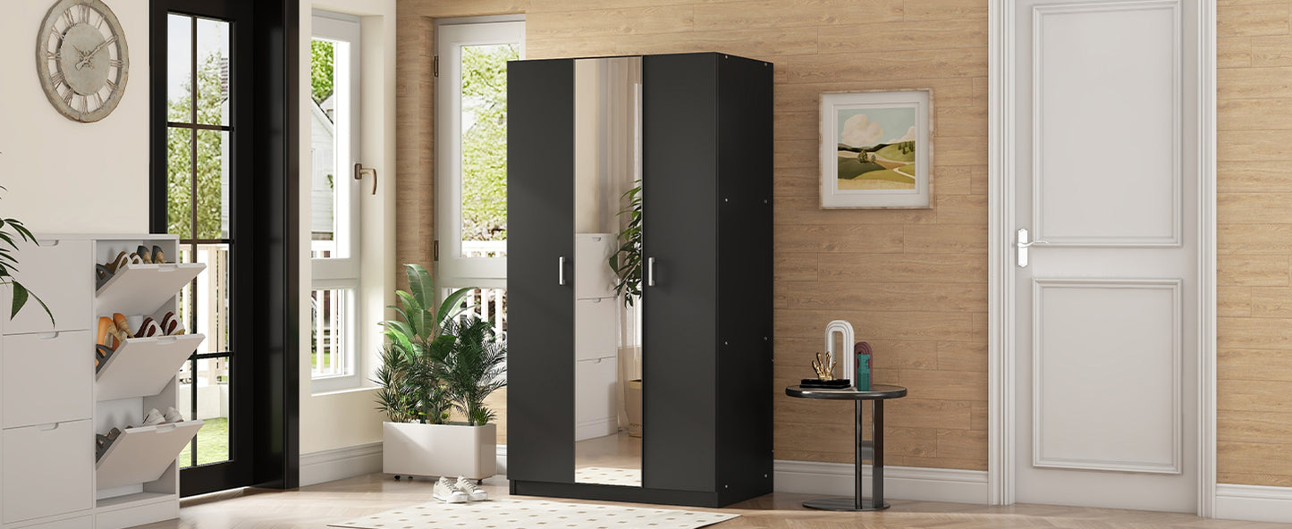 3 Door Wardrobe with Mirror, Armoire with Hanging Rod and 3 Fixed Shelves,Black