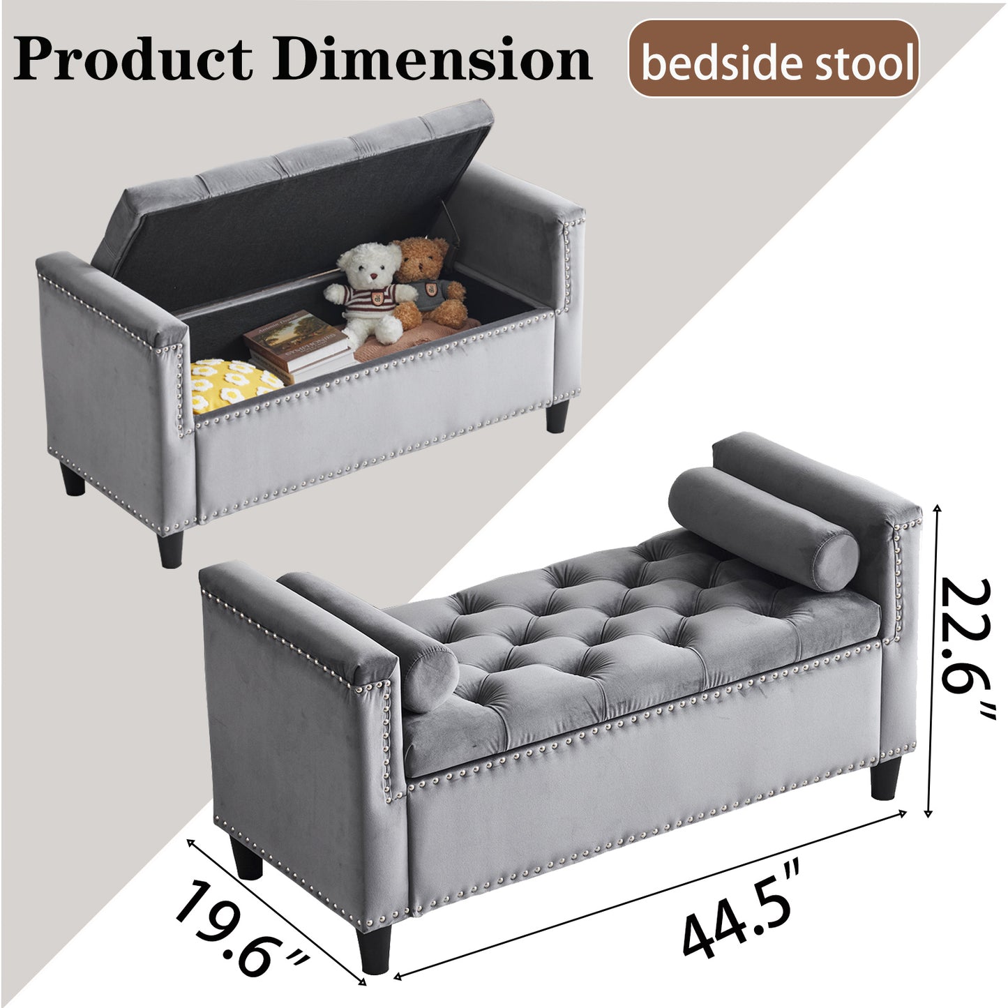 Storage Bench, 44.5-Inch Queen Velvet Button Bedside Bench, Entryway Living Room with Armrests, Nailhead Trim Gray