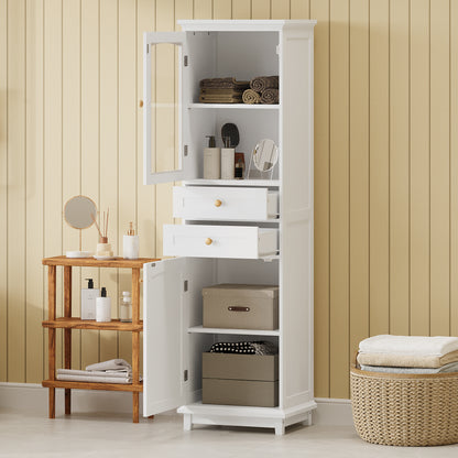 High bathroom storage cabinet with glass door, freestanding, two drawers and adjustable shelves, MDF board, painted white