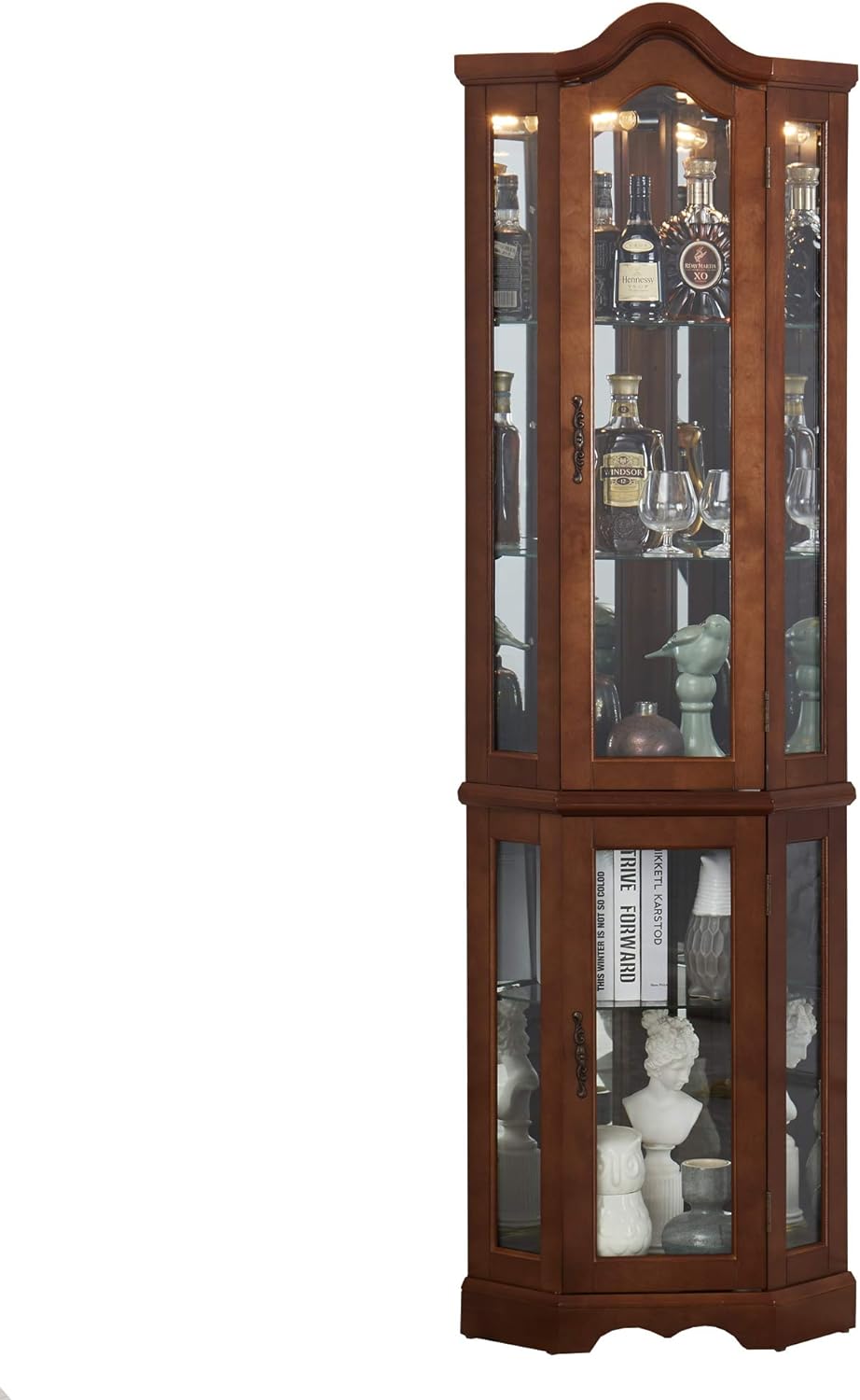 Corner Curio Cabinet with Adjustable Tempered Glass Shelves, Mirror Back Panel, Walnut Wood Finish