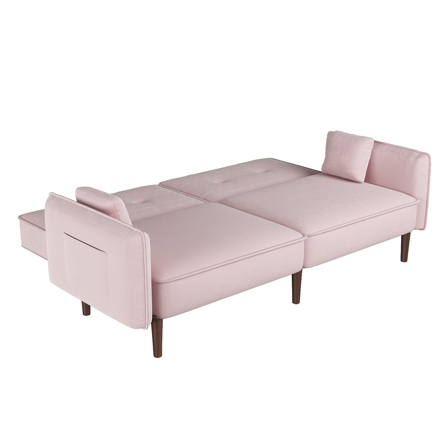 Sofá cama convertible con patas de madera y tapizado de terciopelo en color rosa para salones modernos