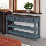 Retro Design Console Table with Two Open Shelves, Pine Solid Wood Frame and Legs for Living Room (Navy)