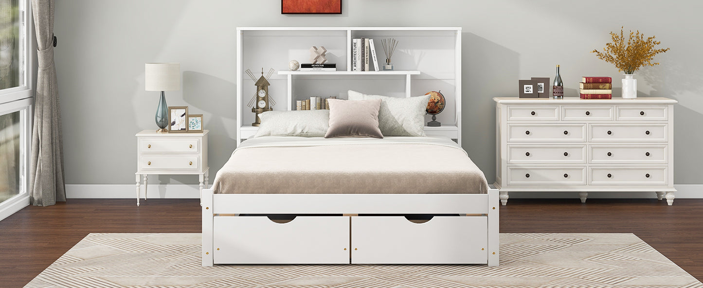 Full Size Platform Bed with Storage Headboard and 2 Drawers, White