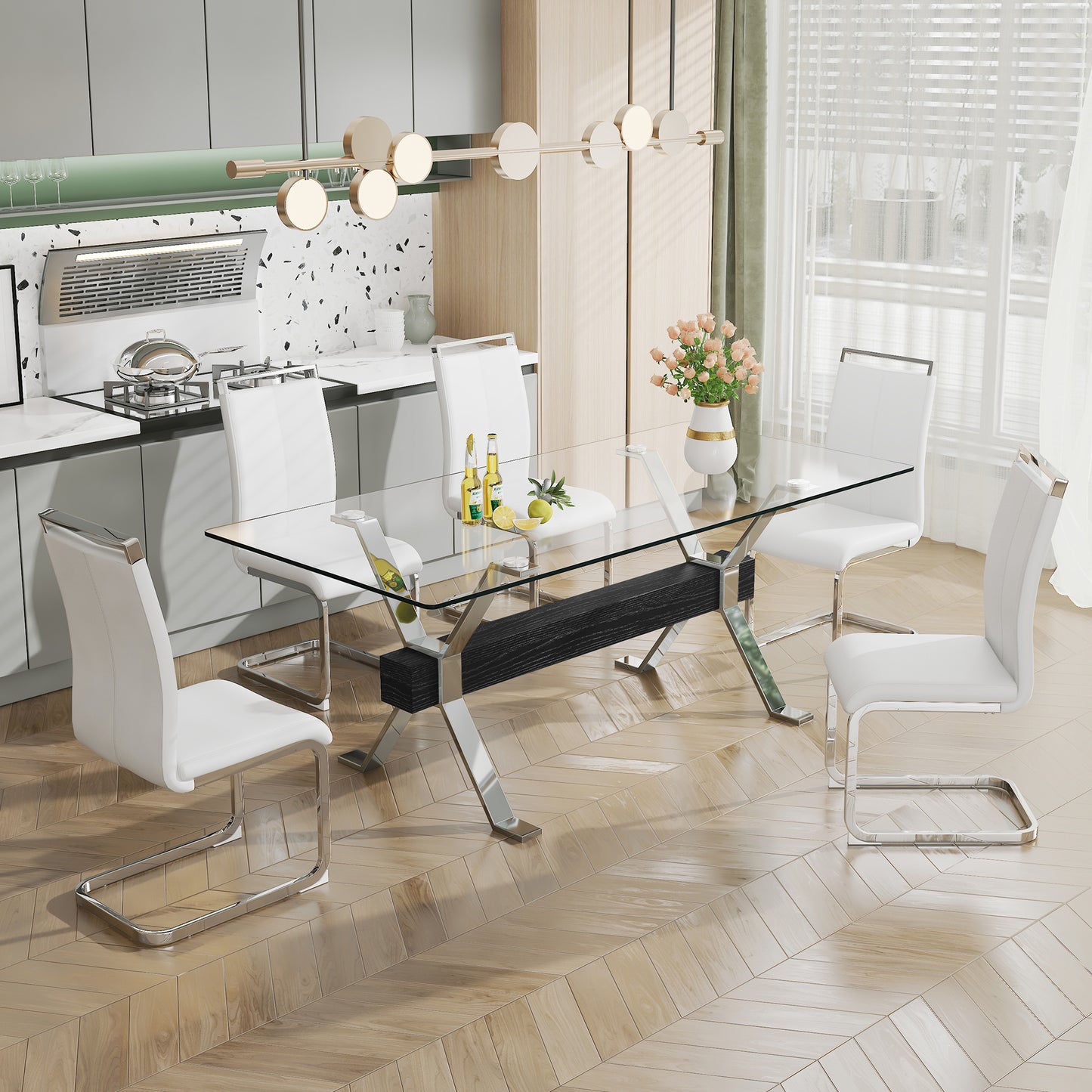 Modern Tempered Glass Dining Table, Large Office Desk with Silver Plated Metal Legs and MDF Crossbars