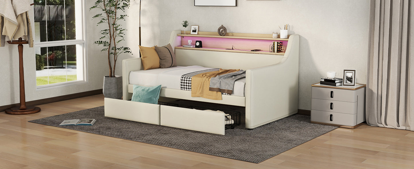 Twin Size Daybed with Storage Drawers, Upholstered Daybed with Charging Station and LED Lights, Beige