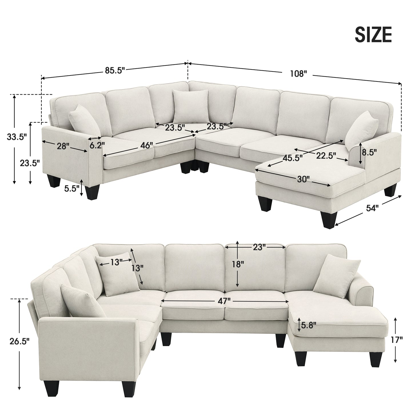 108" x 85.5" Modern U-Shaped Sectional Sofa, 7-Seat Fabric Sofa Set for Living Rooms