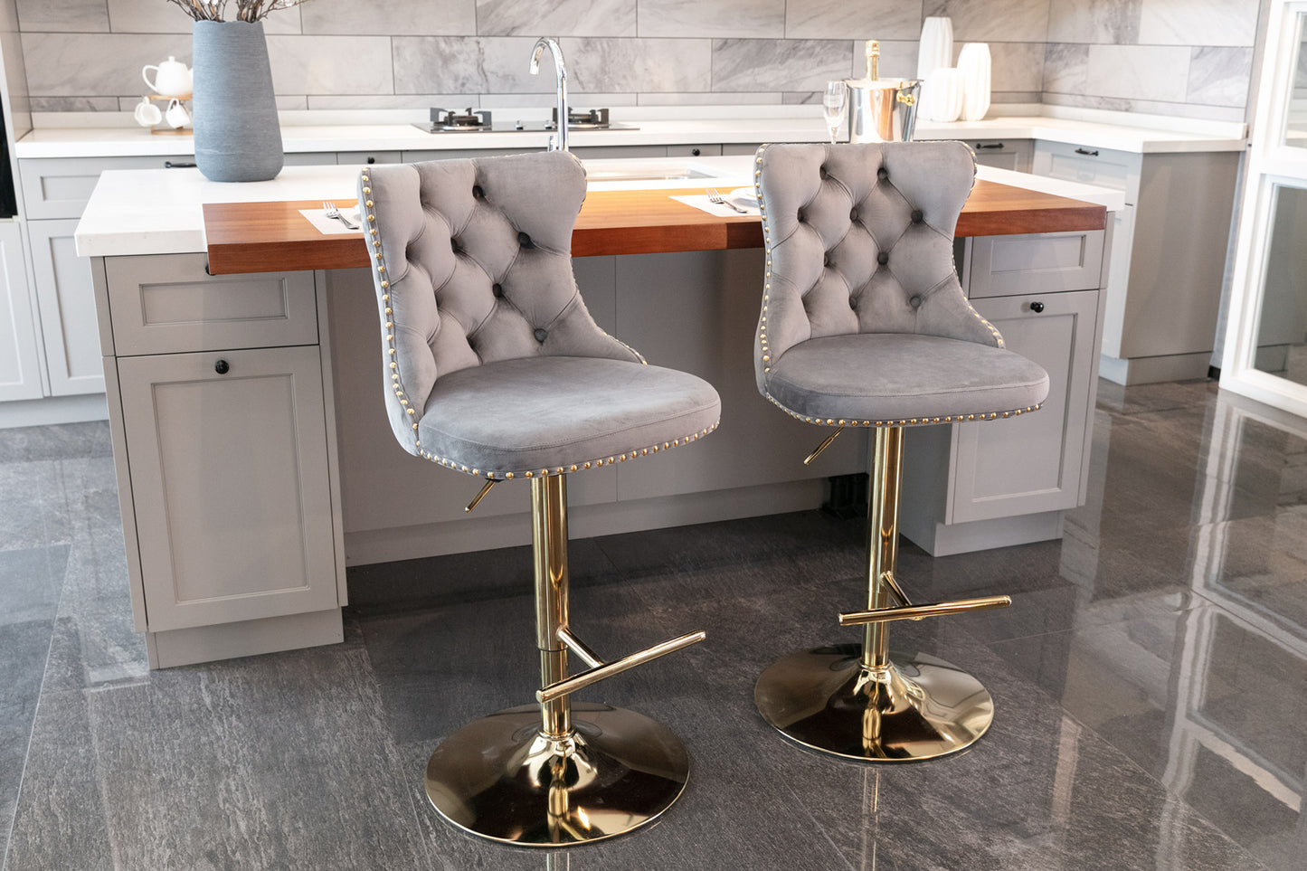 Adjusatble Seat Height from 25-33 Inch, Modern Upholstered Bar Stools with Backs Comfortable Tufted for Home Pub and Kitchen Is