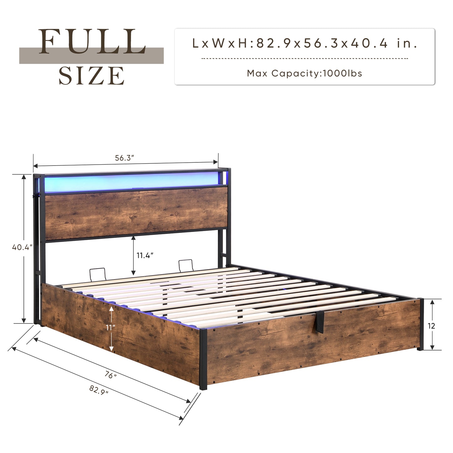 Elevating storage bed frame, full-size bed frame with bookshelf headboard and LED lights, with country brown color