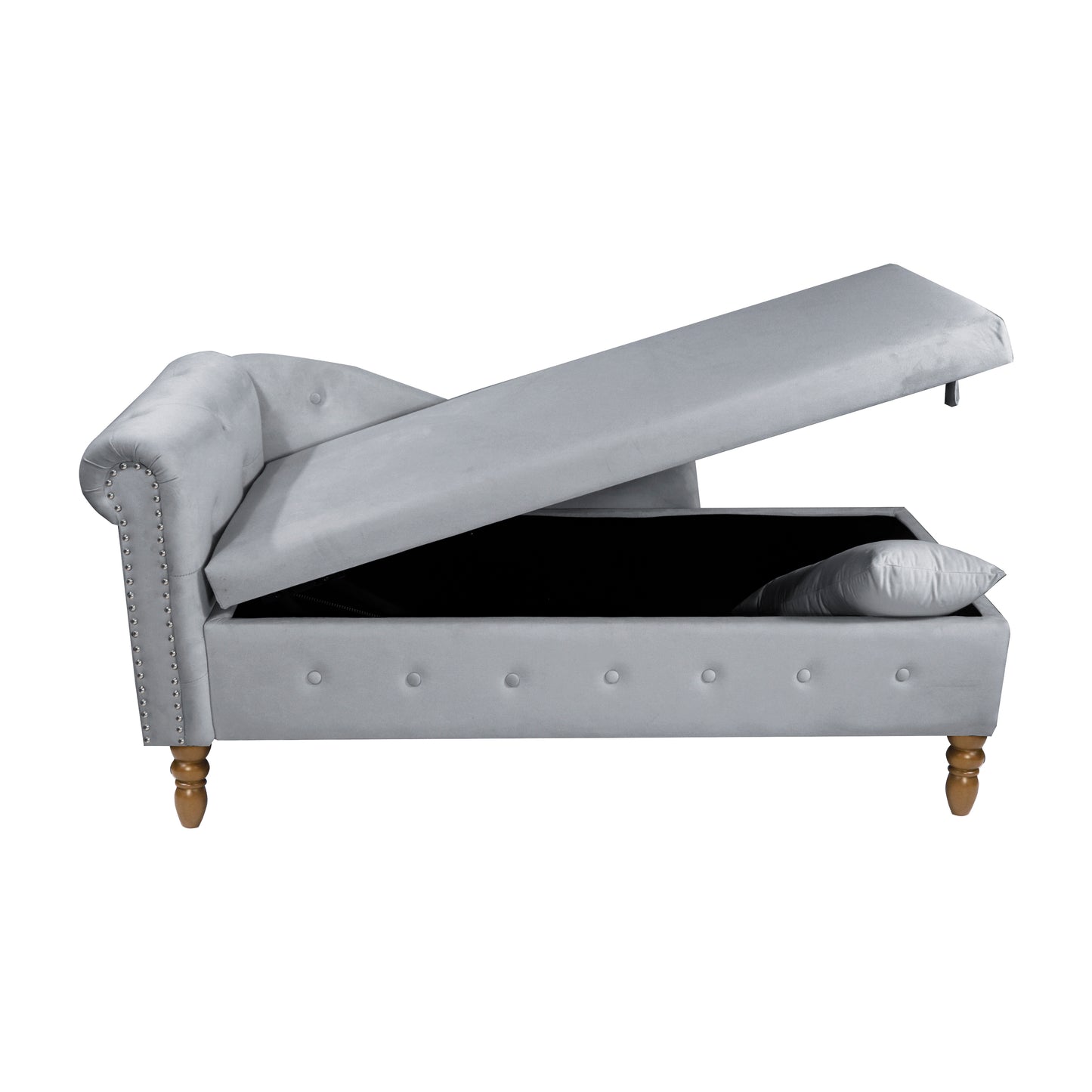 Sillón chaise longue gris de terciopelo para interiores con espacio de almacenamiento y almohada, diseño moderno tapizado con brazos enrollados