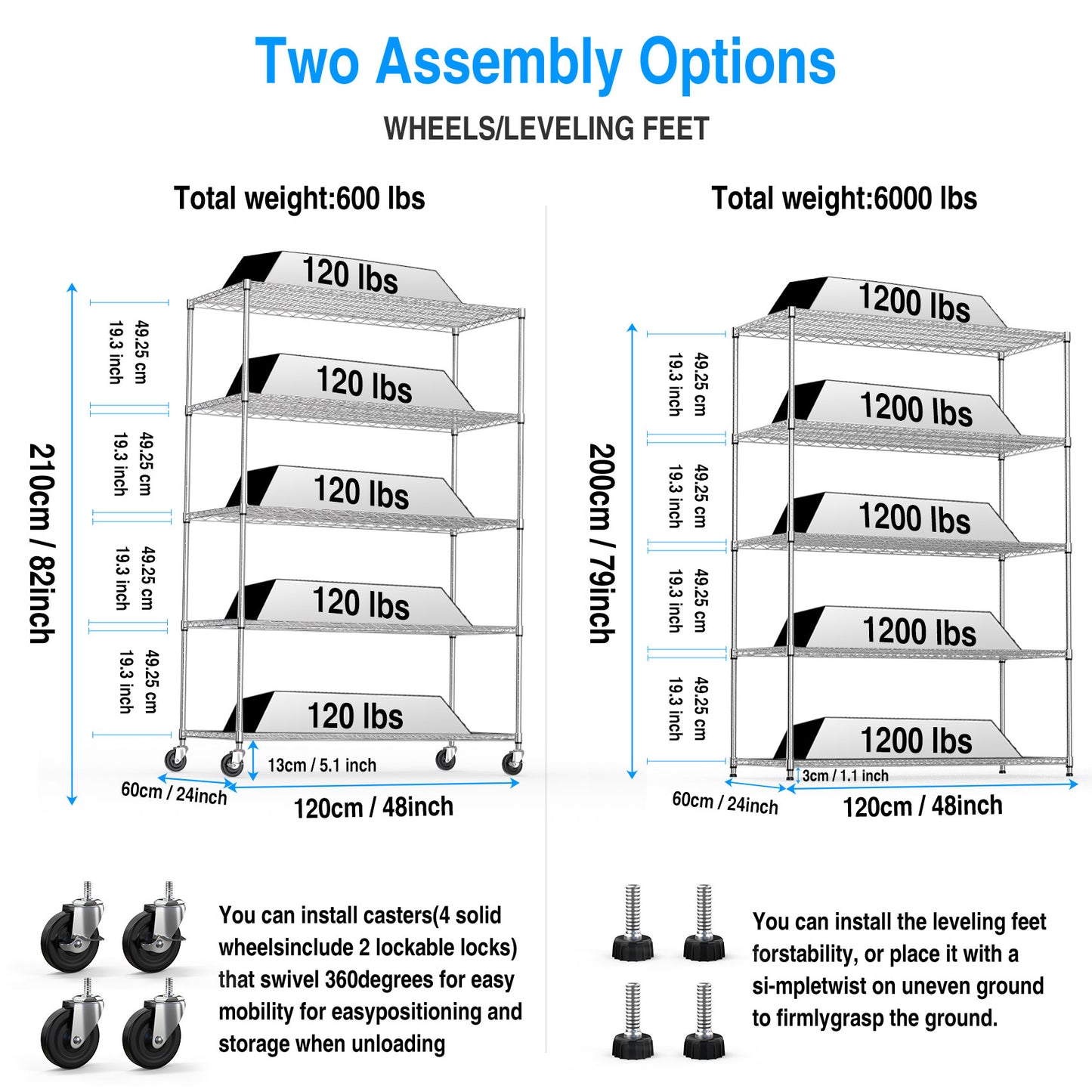 5 Tier 6000lbs Heavy Duty Adjustable Storage Rack Metal Shelf Wire Shelving Unit Chrome