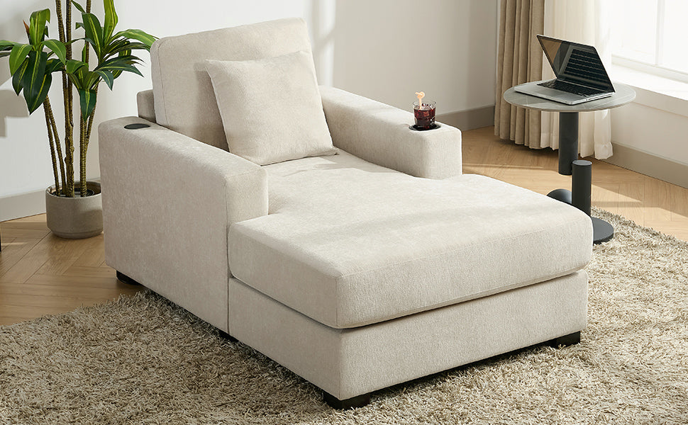 39.7" Oversized Chaise Lounger with Pillows, Charge Station, and Cup Holders, Chenille Fabric in Cream