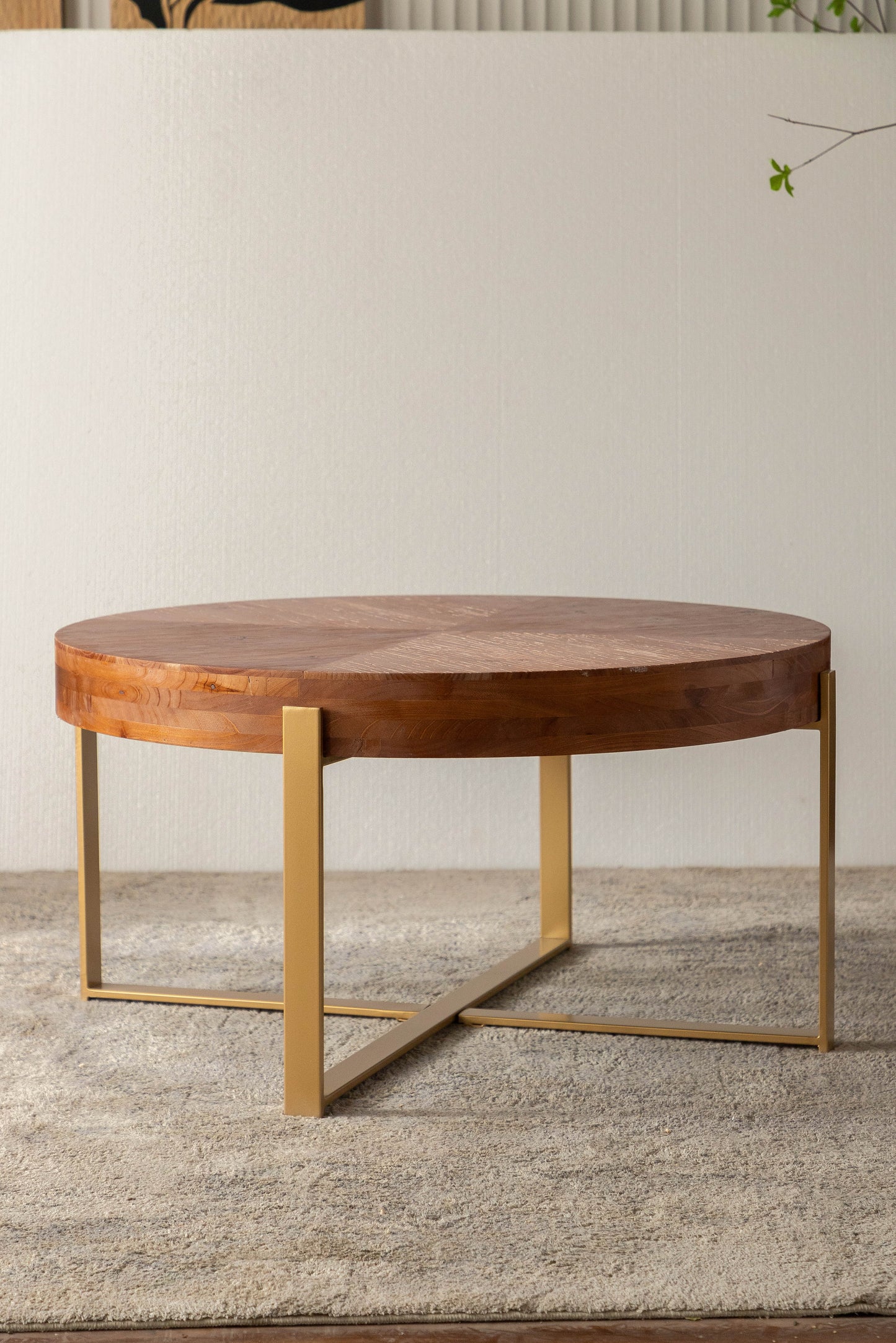 Modern Retro Splicing Round Coffee Table Fir Wood Table Top with Gold Cross Legs Base(Same SKU:W757126236)