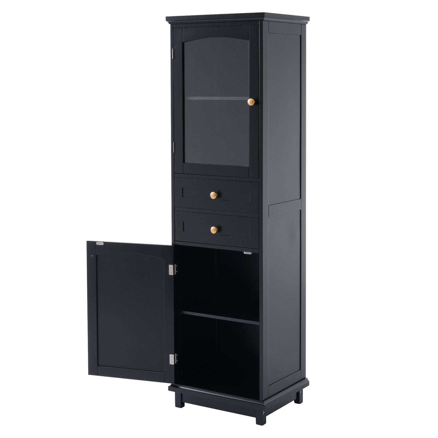 Tall Bathroom Storage Cabinet with Glass Doors, Free-Standing, Two Drawers, and Adjustable Shelves, MDF Board, Painted Black