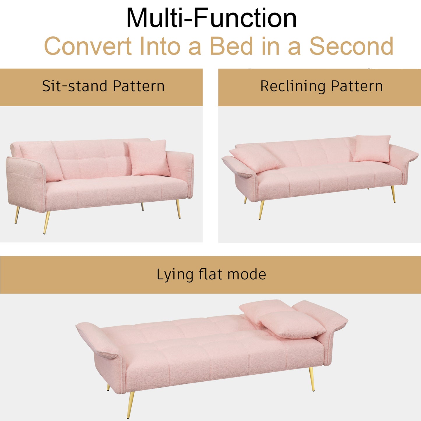 70 inch Teddy velvet sofa with adjustable armrests and backrest, convertible futon sofa for living room and bedroom. Pink