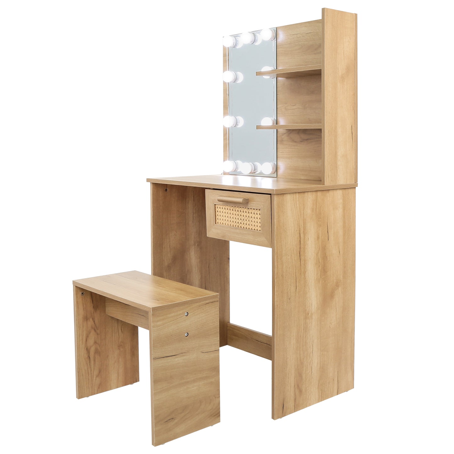 Vanity Desk Set Stool & Dressing Table with LED Lighting Mirror Drawer and Wood Cosmetic Table Chest of Drawers Nature Color