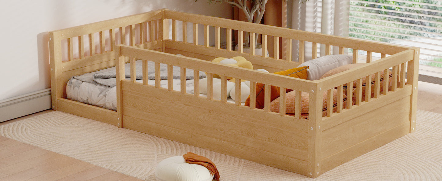 Twin Floor Bed Frame with Fence, Wood Kids Floor Beds Frame for Bedroom Playroom,Natural