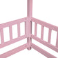 Full Size Floor Wooden Bed with House Roof Frame, Fence Guardrails ,Pink