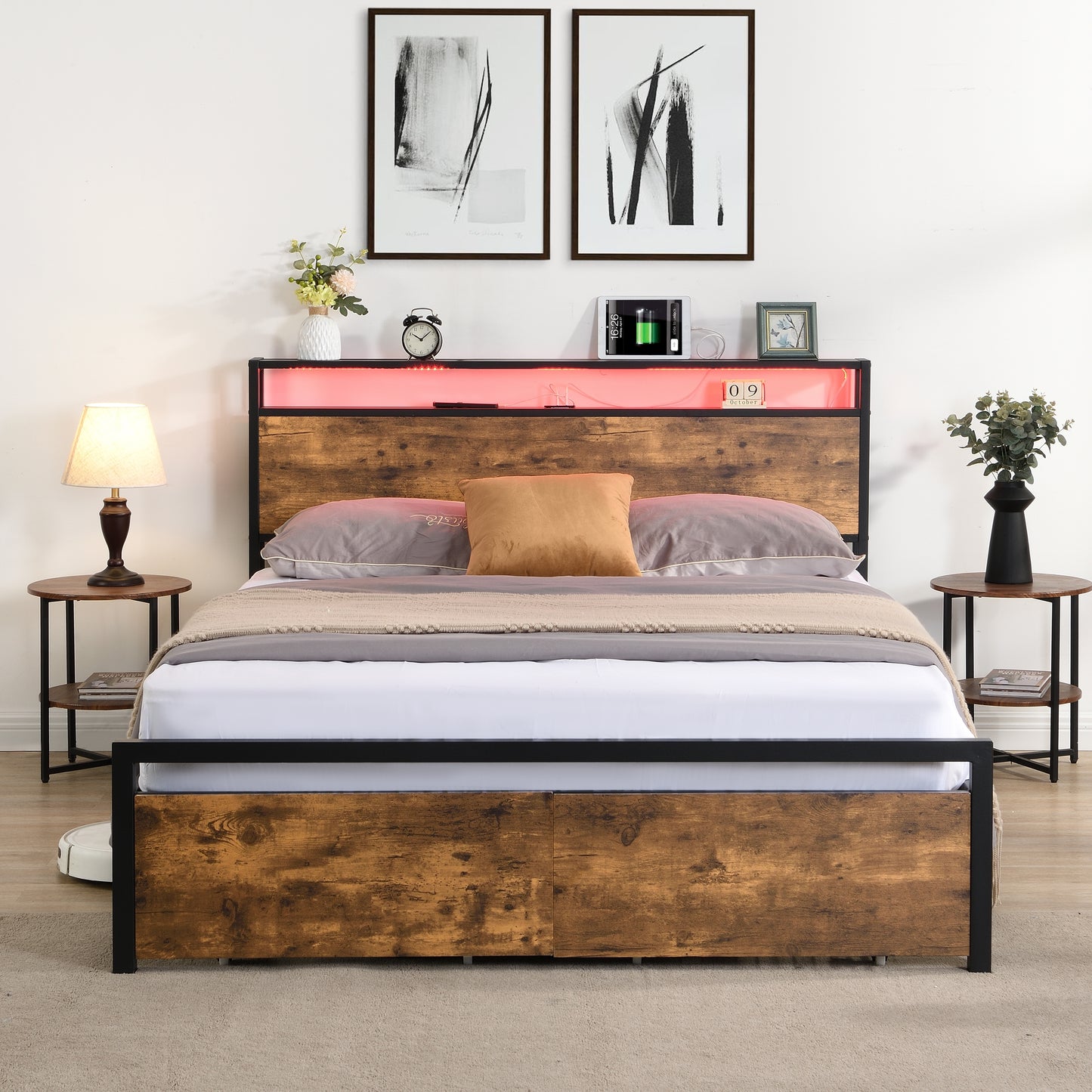 Full size bedstead with storage headboard and 2 drawers, LED light bed with charging station, metal Flat noodles support