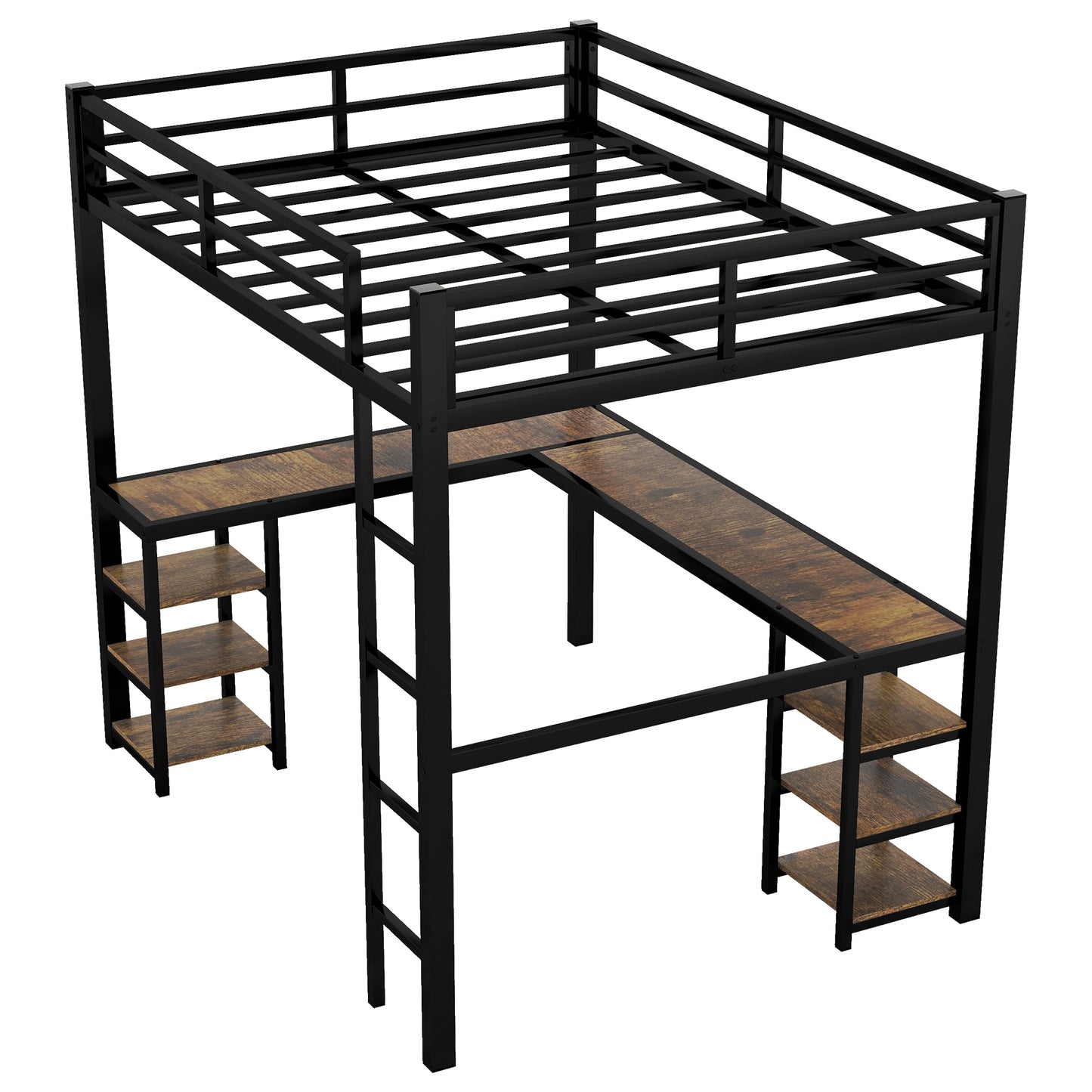 Full Metal Loft Bed with Desk and Shelves, Loft Bed with Ladder and Guardrails, Loft Bed Frame for Bedroom, Black