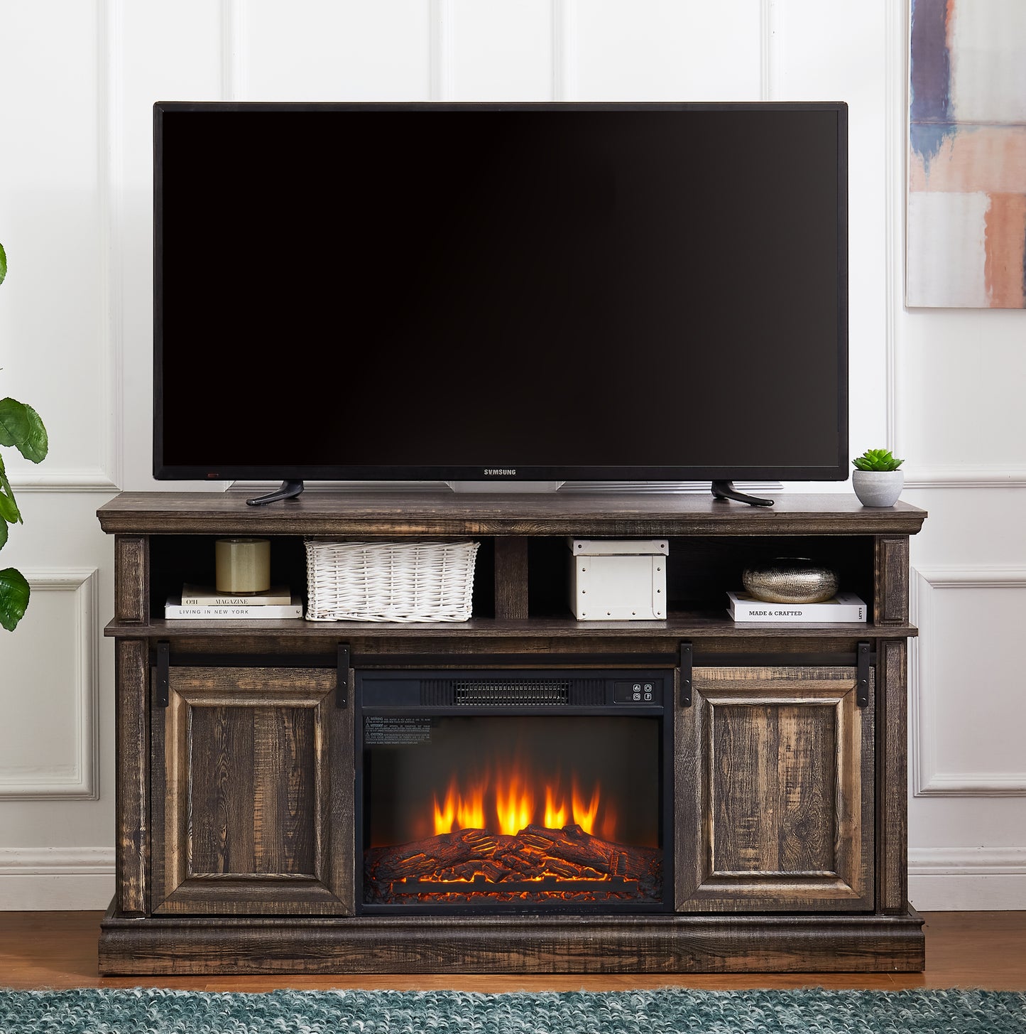 Entertainment Console with Multifunctional Sliding Doors and 23-Inch Fireplace, Antique Brown Finish