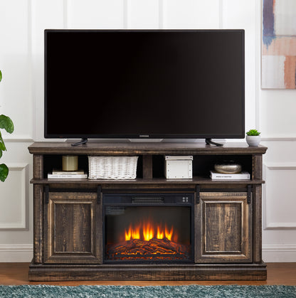 Entertainment Console with Multifunctional Sliding Doors and 23-Inch Fireplace, Antique Brown Finish