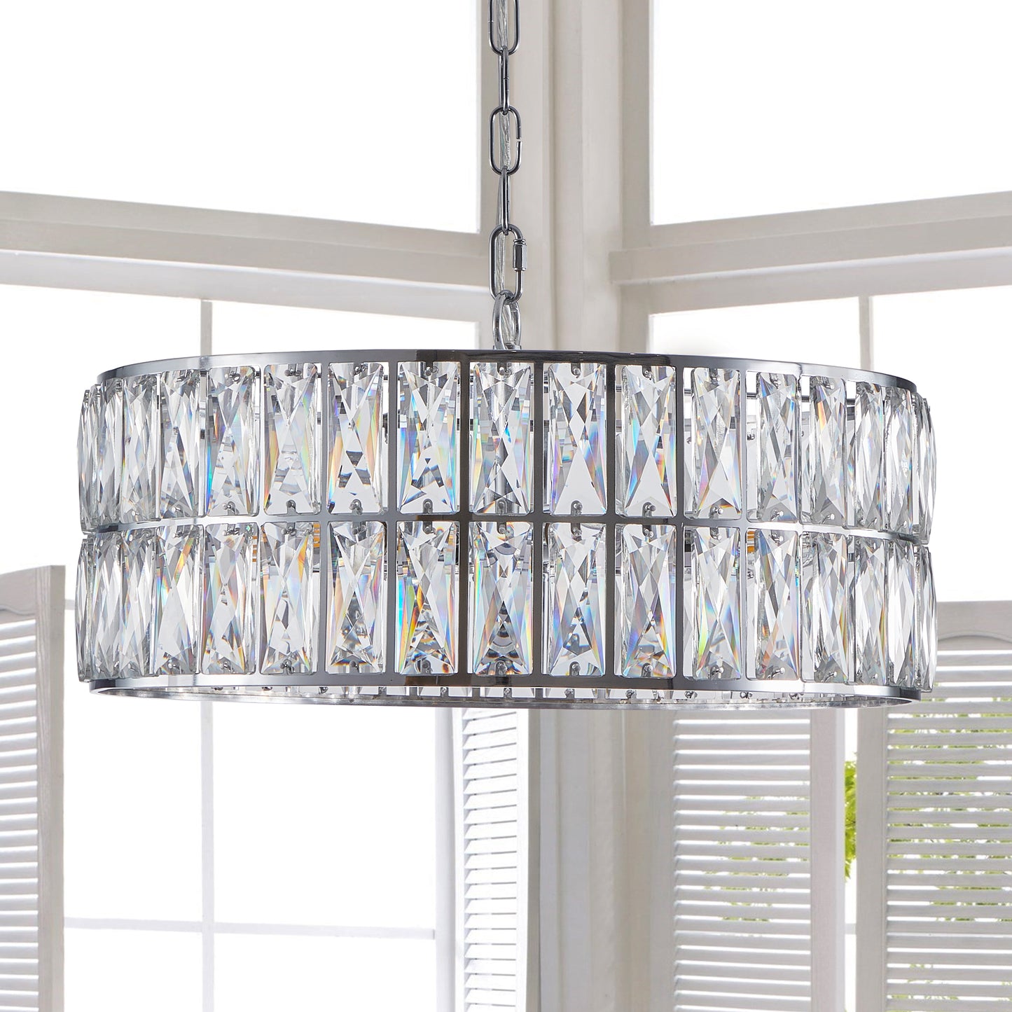 Modern crystal drum pendant light, 6-light pendant light, with silver metal frame (excluding light bulb)