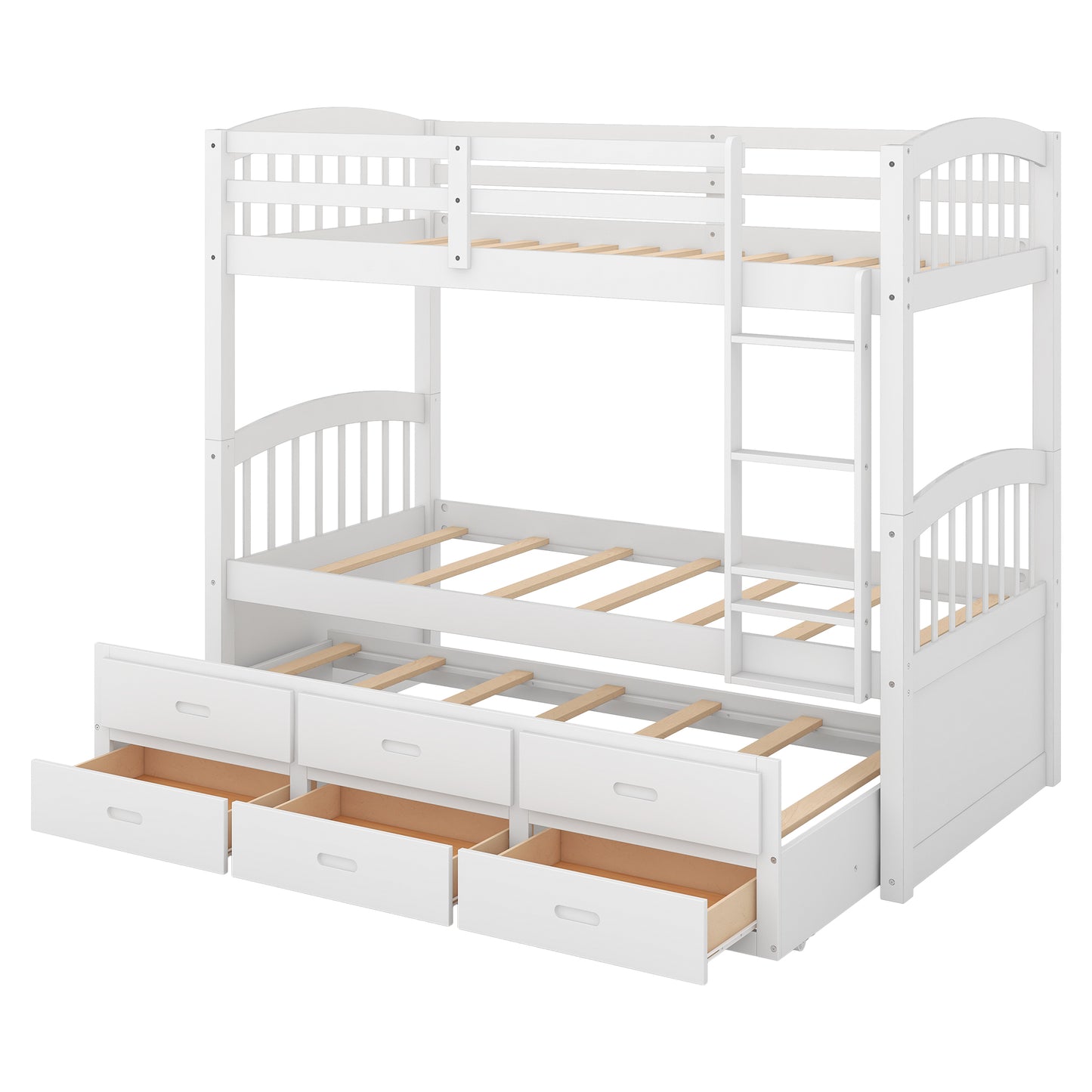 Twin over Twin Wood Bunk Bed with Trundle and Drawers White