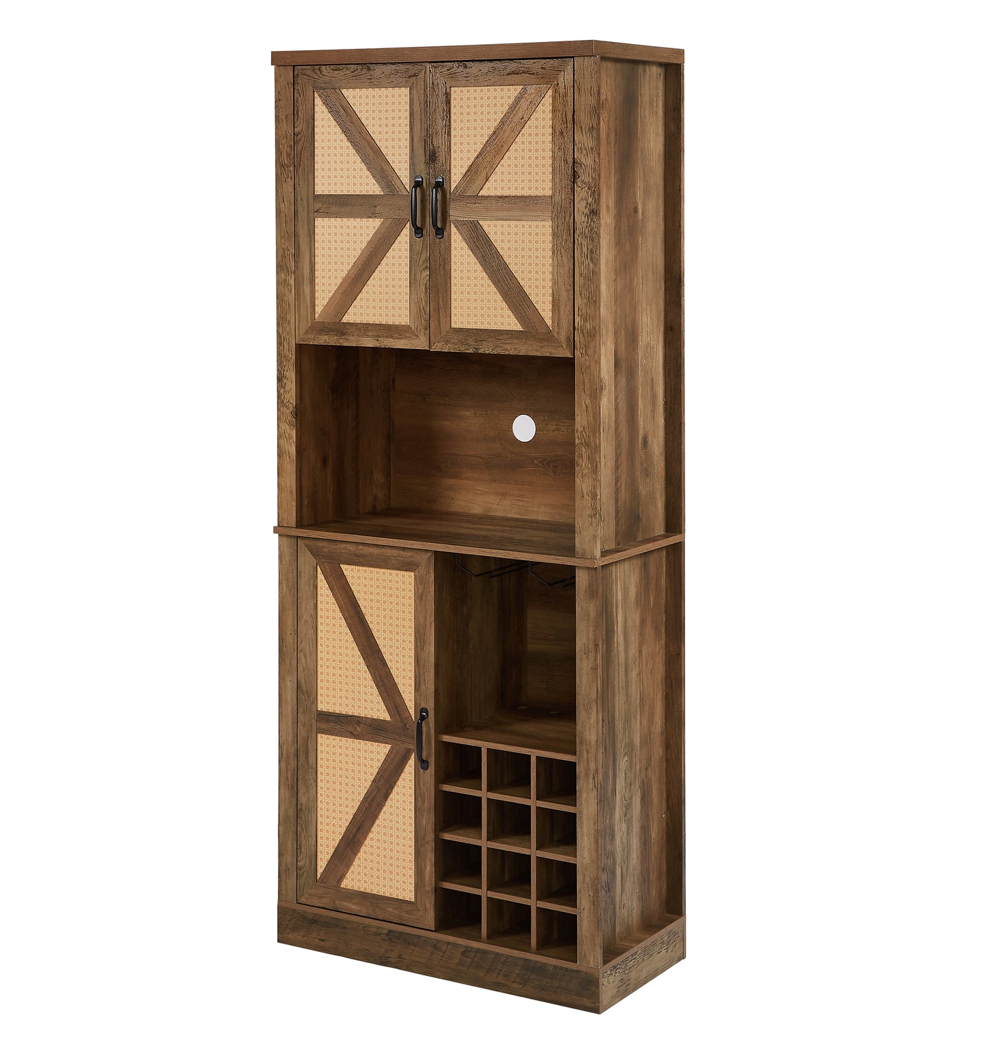 76-Inch Tall Rustic Oak Farmhouse Kitchen Faux Rattan Wine Cabinet with Square Compartments and Shelves