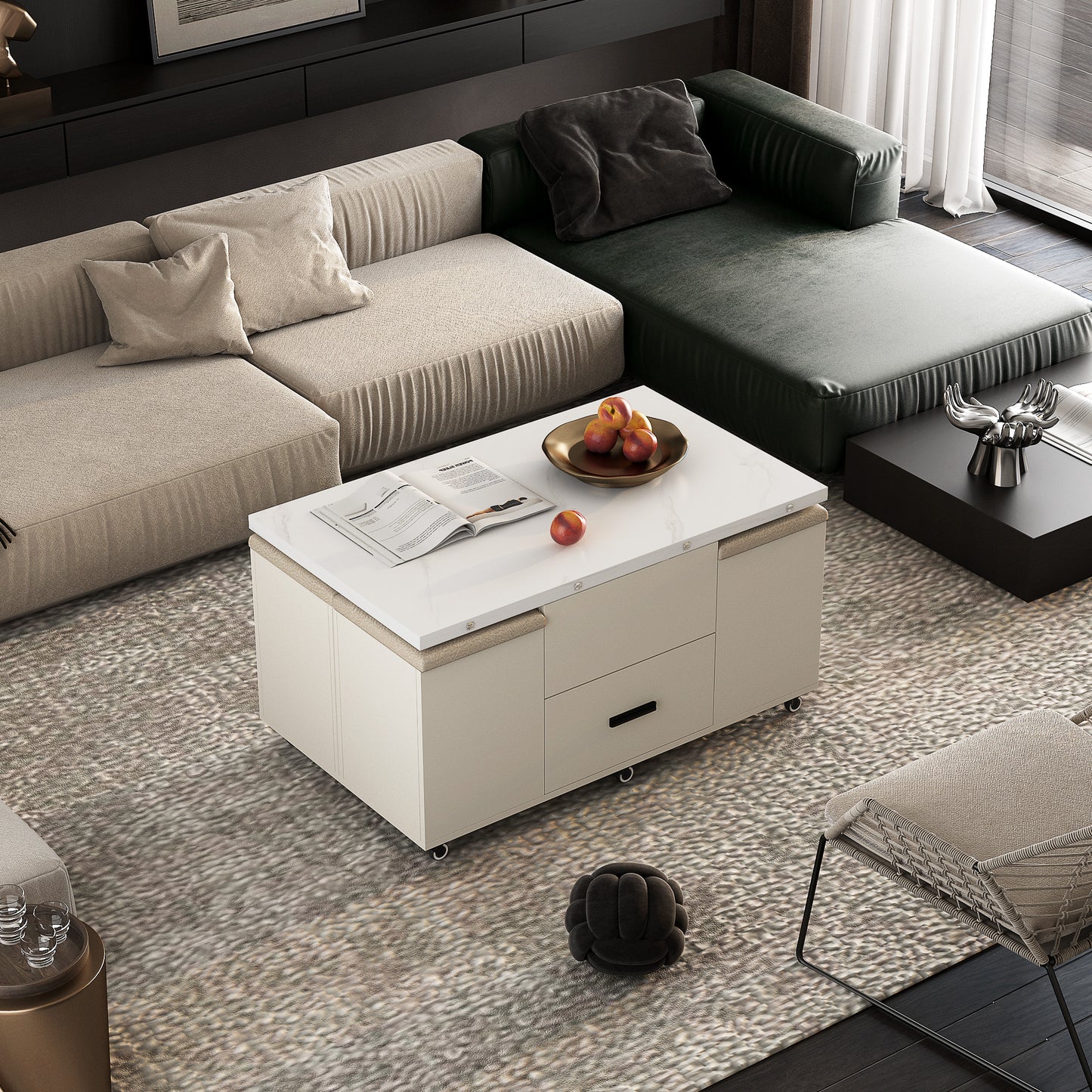 Modern Lift Coffee Table with 4 Chairs, Expandable Design with Hidden Storage and 2 Drawers