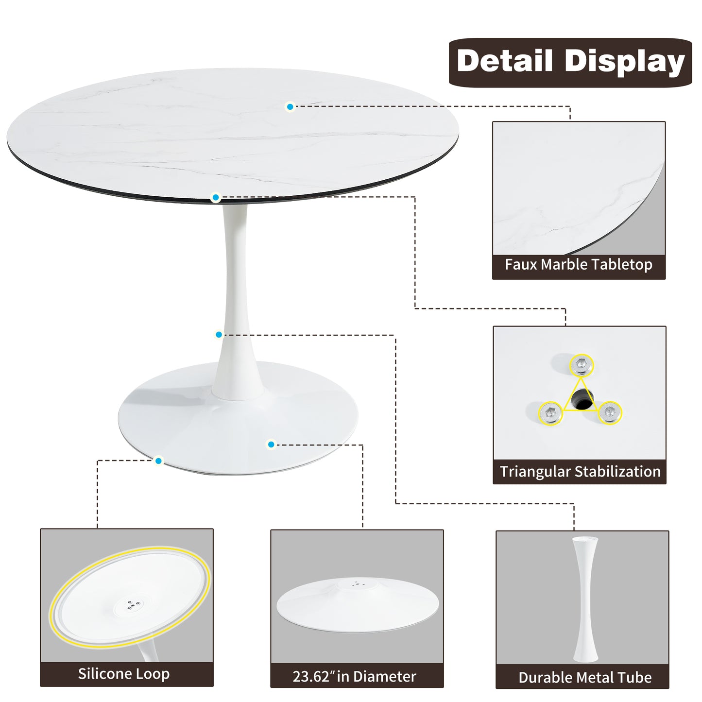 TULIP DINING TABLE Dia 100cm ROUND WHT MARBLE WHT 1pc per ctn